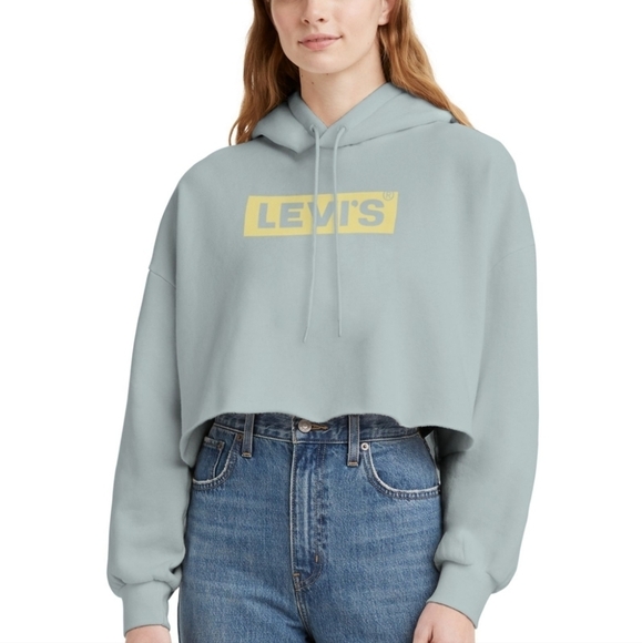 NWT Levi’s Cropped Logo Hoodie Light Blue Raw Hem Sweatshirt XS - Picture 1 of 10